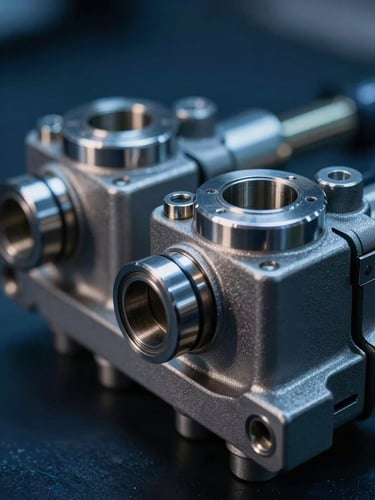 Macro close-up of high-pressure hydraulic pump valves, dramatic side-lighting emphasizing metallic steel reflections and sharp industrial edges, deep navy and steel tones, crisp focus, 50mm