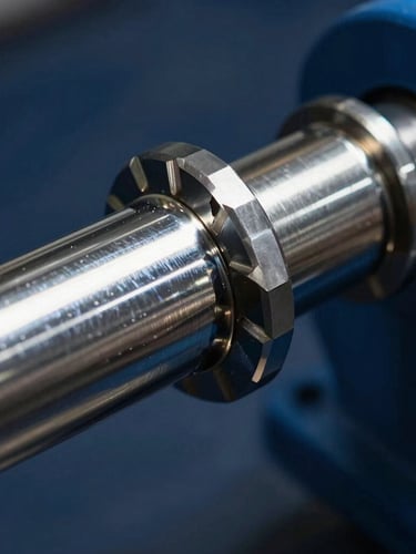 Macro close-up of a heavy-duty hydraulic piston shaft, chrome steel reflection under dramatic side-lighting, industrial navy background, 50mm
