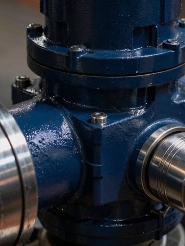 Macro close-up of a heavy hydraulic pump manifold, dramatic side-lighting emphasizing metallic reflections and clean edges, deep industrial navy and steel tones.