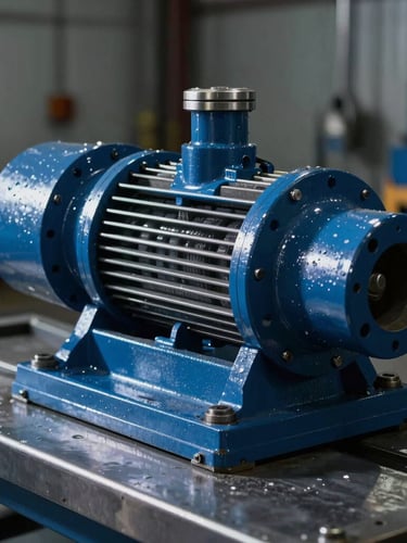Crisp industrial photography of a heavy hydraulic pump on a steel test bench, dramatic side-lighting, metallic reflections, deep blue and steel tones, sharp focus, 50mm.