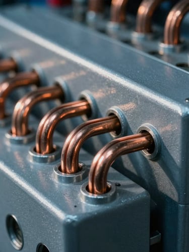 Macro close-up of a heavy industrial electrical switchgear panel, copper busbars, sharp side-lighting, metallic reflections, steel tones, 50mm