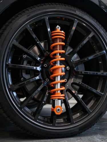 Dramatic close-up of a bright orange heavy-duty suspension coil and custom shock absorber installed behind a massive deep-dish black alloy wheel, metallic reflections, clean shop bay.