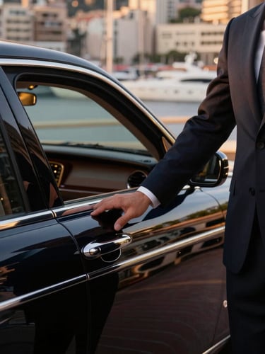Elegant close up of a chauffeur in a tailored dark suit holding open the door of a polished black luxury sedan, soft warm evening light in Monaco harbor, yachts blurred in the background, cinematic 35mm.