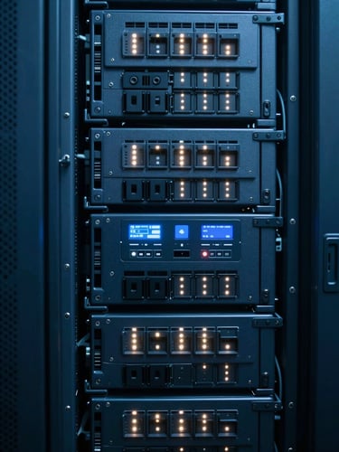 Macro photography of cool-toned blue server racks in a secure enterprise data center, sharp focus on blinking LED indicators, shallow depth of field.