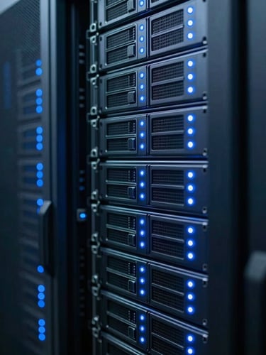 Macro shot of a high-density server rack with blue indicator lights flashing, cool-toned technical photography, 50mm lens, shallow depth of field