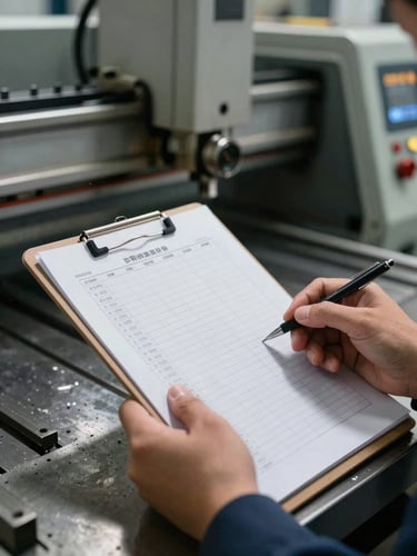 Extreme close-up of factory auditor hands holding a clipboard with inspection checklist, a CNC machine visible and in sharp focus behind, overhead factory lighting casting precise shadows on the metal surface, industrial documentary framing