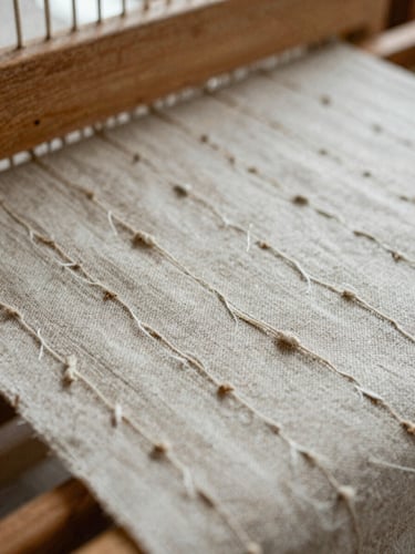 Macro close-up of raw linen fabric weave on a wooden loom, showing organic irregularities and thick flax threads, soft side light