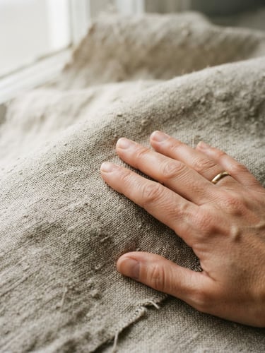 Macro close-up of hands gently running over unbleached loom-state linen fabric, soft natural window light, muted organic earth tones