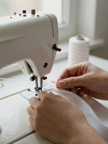 Close-up of a craftsman's hands operating a heavy sewing machine, stitching a clean seam with natural cotton thread, soft window light