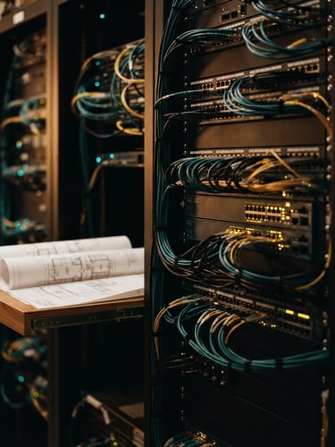 Close-up of clean telecommunication racks with warm LED glows, architectural blueprint partially visible, professional 35mm photography