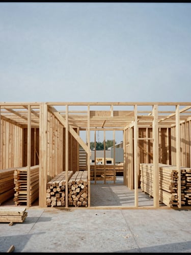 Straight-on architectural elevation of a residential framing site, exposed heavy timber rafters, crisp natural daylight, neat stacks of lumber, clean concrete slab