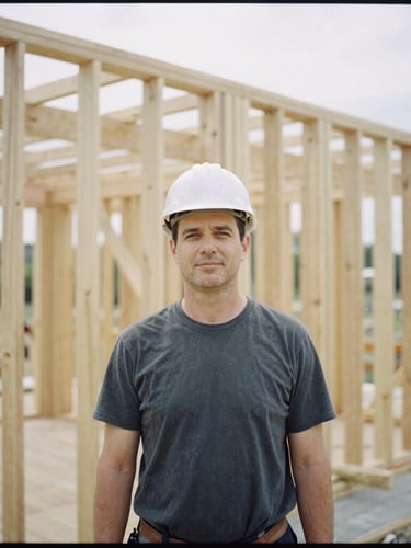A professional honest portrait of a lead builder on an active, orderly framing site in Maryland, natural daylight, timber framing visible in the background, medium format film