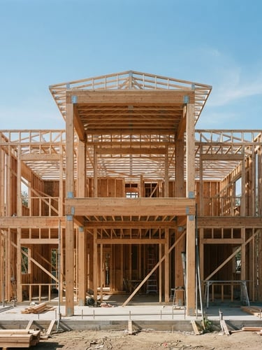 Straight-on architectural elevation of a modern custom home framing phase, clean timber posts against a clear sky, natural daylight, medium format film