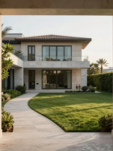 Elegant editorial photography of a modern luxury villa in Valencia with a perfectly manicured lawn, clean stone pathways, soft morning sunlight, architectural framing, 35mm lens