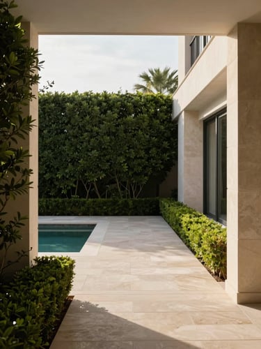 Jardín con setos cuidados y piscina en un chalet de Valencia