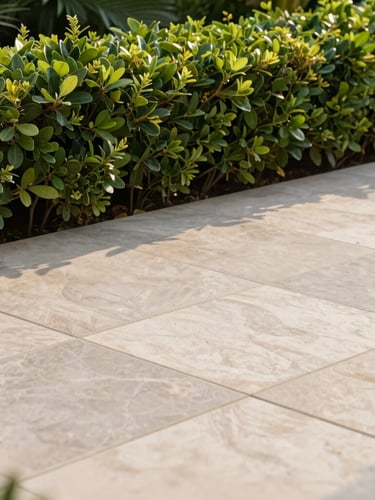 Close-up editorial photography of clean stone terrace tiles meeting a lush green hedge, sharp lines, professional tools, soft afternoon light, elegant composition