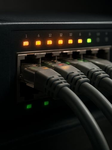 Macro close-up of a Cisco switch with active amber and green status lights, structured ethernet cables neatly terminated