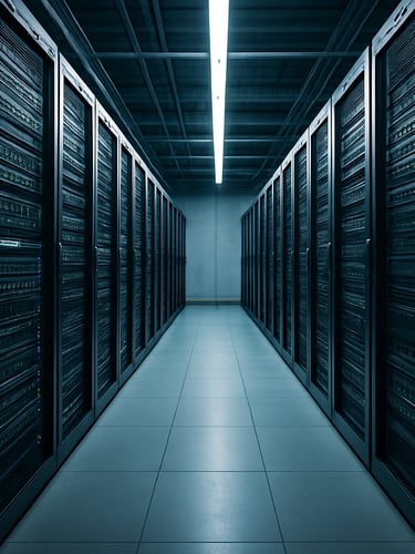 Wide-angle architectural shot of an industrial warehouse server closet, cleanly organized racks, cool lighting.