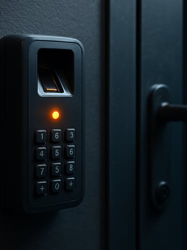 Close-up of a biometric card reader mounted next to a secure server room door, status light glowing orange.