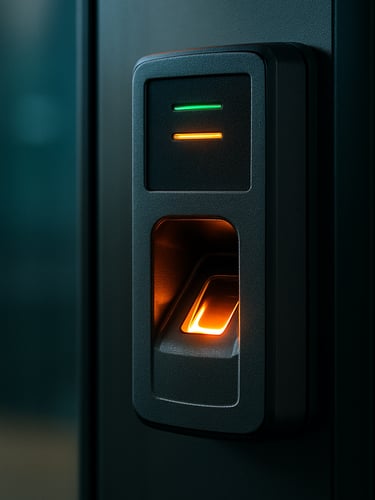 Macro close-up of a biometric access control scanner mounted on a modern glass door, technical status lights casting a sharp orange glow