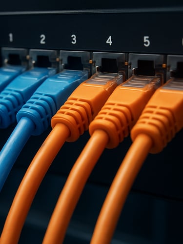 Macro close-up of immaculate blue and orange ethernet cables terminated into a patch panel, cool studio lighting, sharp focus on RJ45 connectors.