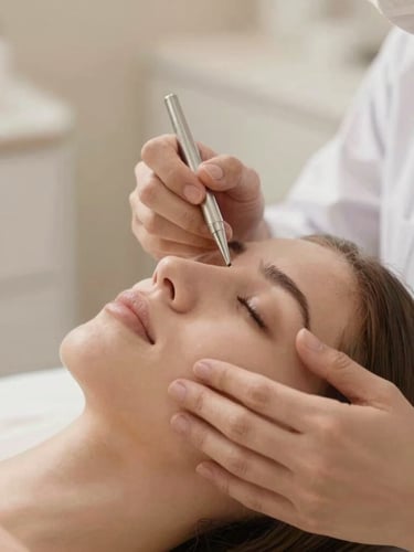 Close-up of a dermatologist performing a precise facial treatment, soft diffused warm daylight, elegant hands, clinical luxury environment, shallow depth of field.