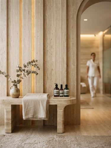 Elegant architectural interior of a premium clinical spa in Valinhos, soft warm indirect lighting, travertine stone surfaces, minimal luxury aesthetic, shallow depth of field.