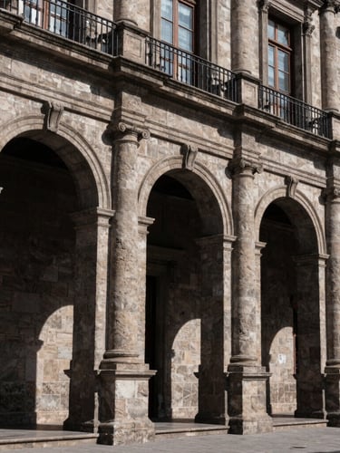 Architectural lines of a classic courthouse facade in Guadalajara, high-contrast natural light casting deep shadows on stone columns, solemn atmosphere, Jalisco.