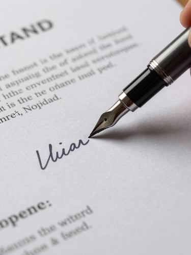 Close-up macro shot of physical legal documents, heavy paper texture, dark ink pen resting on a signed title deed, dramatic side lighting.