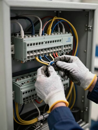 Close-up of a technician's gloved hands firmly connecting heavy-duty wiring inside an open industrial control panel, dense cable looms and terminal blocks in sharp focus, natural overhead site lighting casting clean task shadows