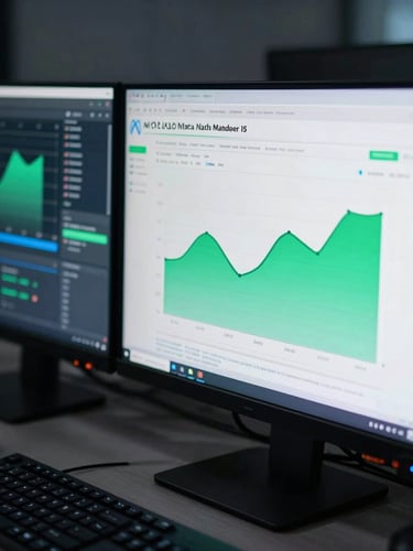 Cool-toned editorial photography of a dual-monitor workstation, active Meta Ads Manager dashboard displaying real-time tracking metrics and green performance graphs, sharp neon screen-glow reflections, 35mm lens