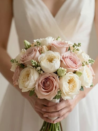 Elegant close-up of a bride's hands holding a soft pastel bouquet, warm diffused natural lighting, elegant wedding details, muted cream and rose tones.