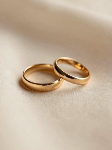 Close-up of elegant gold wedding rings resting on a soft cream fabric, warm diffused golden hour light, shallow depth of field, serene and premium editorial feel