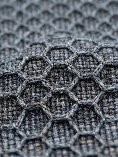 Macro photograph of high-durability recycled nylon weave, technical hexagonal pattern, bright clean studio light, neutral cool tones, sharp focus, 35mm