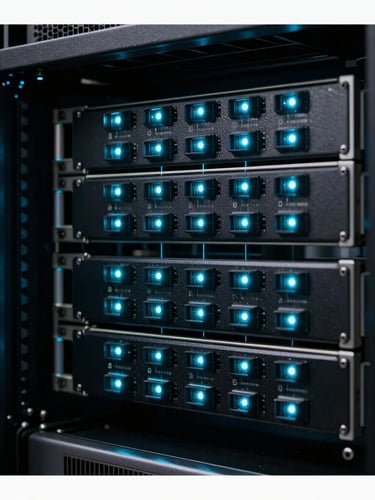 Extreme macro shot of high-security server rack hardware, sharp electric cyan LED indicator lights glowing in a low-key dark room, mathematically structured node networks faintly visible in background.