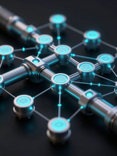 Extreme macro 3D visualization of structured data pipelines and node networks with electric cyan indicators on absolute black background.