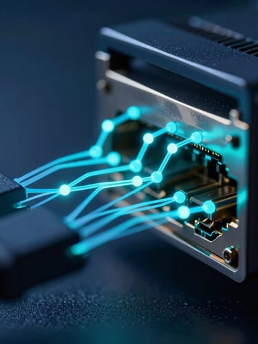 Macro close-up of a high-tech network interface displaying glowing cyan data streams and node connections against a dark blue background.