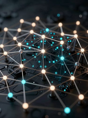 High-fidelity abstract 3D visualization of a structured node network with cool-toned LED indicators and sharp electric cyan data-indicators, dark-mode environment