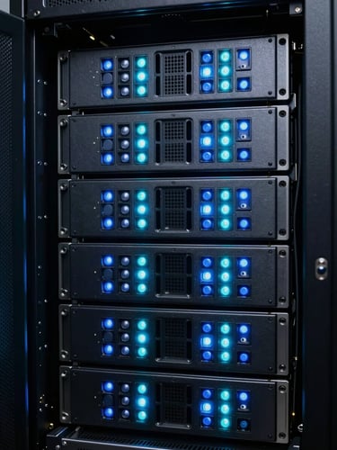 High-contrast close-up of server rack hardware with cool-toned blue and electric cyan LED indicators in a dark server room.