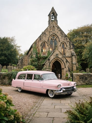 A pristine classic pink hearse parked elegantly in front of a historic stone chapel in South Yorkshire, soft overcast daylight, 50mm lens, shallow depth of field.