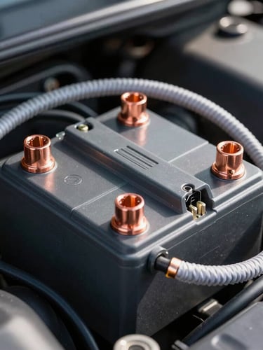 Tight macro shot of a clean 12V dual-battery wiring harness, showing neat copper crimp lugs, heat-shrink tubing, and braided sleeving in a vehicle engine bay, high-contrast industrial lighting.