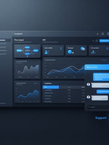 Minimalist UI mockup of a modern website with an active electric blue chat widget on the bottom right, clean dashboard data flows, cool studio lighting, deep slate background, sharp focus