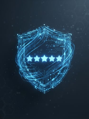 Clean 3D render of a shield icon made of electric blue data streams, protecting a cluster of glowing 5-star review symbols, against a deep slate background, minimalist tech aesthetic, cool studio lighting, sharp focus