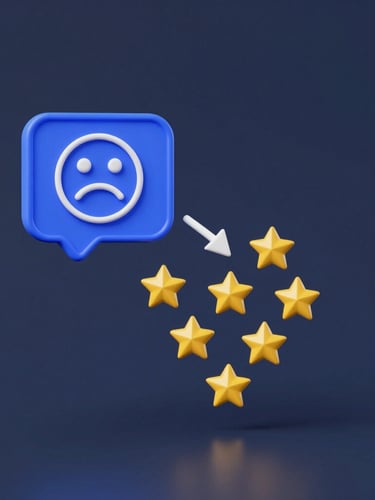 Clean 3D render illustrating a digital message bubble with a sad face icon being redirected into a private, secure data channel, while positive review stars flow freely to a public platform. Deep slate and electric blue, minimalist tech aesthetic, cool studio lighting, sharp focus