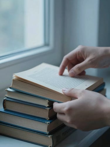 Close-up of hands gently sorting vintage books under soft morning window light, muted blue and slate tones