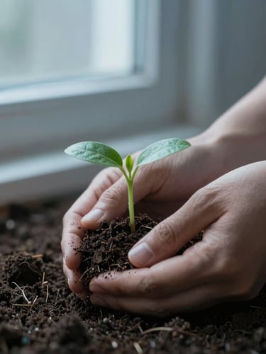 Medium close-up of hands gently planting a small green seedling into rich dark soil, soft cool diffused morning light, muted slate blue tones, shallow depth of field.