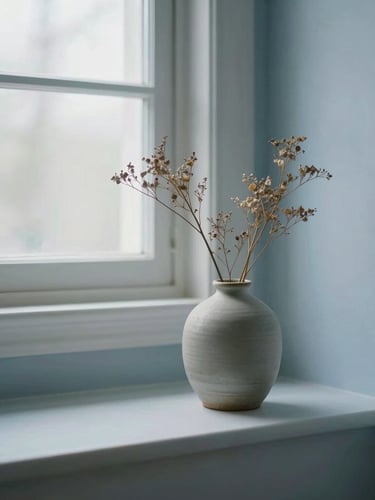 A clean, organized room corner bathed in soft morning window light, a single ceramic vase with delicate dried botanicals, muted blue and slate tones, shallow depth of field