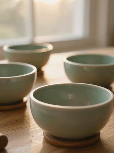 A close-up of ceramic sound bowls and burning incense on a wooden table, soft golden hour sunlight filtering through a window, earthy sage green tones, shallow depth of field.