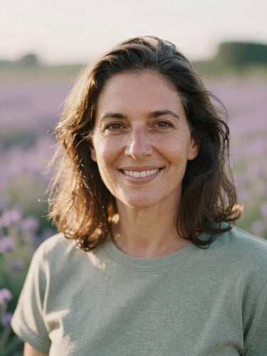 Warm environmental portrait of Gaby Mol, a serene woman over 40 with a warm, authentic smile, soft diffused morning daylight, natural textures, earthy sage and lavender tones in the background, shallow depth of field, 35mm film texture.