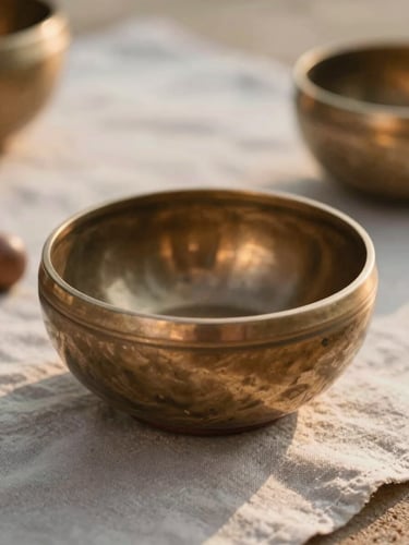 Macro shot of a bronze singing bowl resting on a soft linen cloth, warm golden hour natural light, sage green and sand tones, shallow depth of field, serene atmosphere